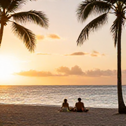Caribbean Holidays, Dominica All Inclusive, Couple relaxing on a quiet Dominica beach at sunset, with palms, calm sea and warm golden light