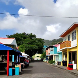 Caribbean Holidays, Dominica All Inclusive, Friendly Roseau street scene in Dominica with colourful buildings, local market stalls and Caribbean atmosphere