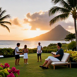 Caribbean Holidays, Dominica All Inclusive, Friendly travellers relaxing at a Dominica resort at sunset, with tropical gardens, mountains and the Caribbean Sea in the background