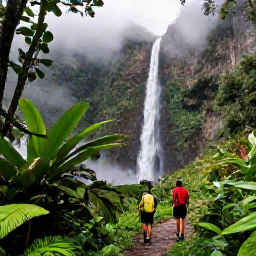 Caribbean Holidays, Dominica All Inclusive, Travellers hiking through lush Dominica rainforest towards a dramatic waterfall, with tropical plants and misty mountains