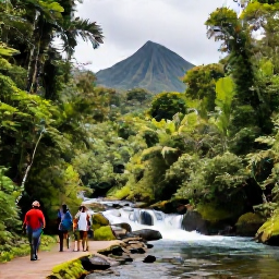 Caribbean Holidays, Dominica All Inclusive, Travellers walking through lush Dominica rainforest beside a clear river and small waterfall, with dense green vegetation and volcanic hills in the background