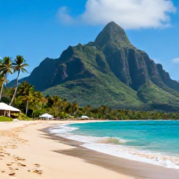 Caribbean Holidays, Dominica All Inclusive, Tropical Dominica beach and lush volcanic mountains in warm May sunshine, inviting Caribbean holiday scene