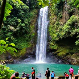 Caribbean Holidays, Dominica All Inclusive, Visitors walking through Dominica rainforest towards a tall waterfall, with vivid green foliage and a clear pool