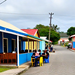 Caribbean Holidays, Dominica April Holidays, A lively but authentic Dominica village street with a small local restaurant, colourful houses and travellers enjoying Caribbean food