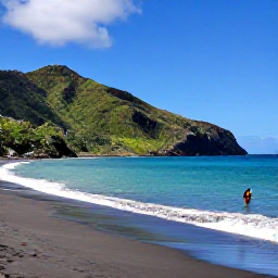 Caribbean Holidays, Dominica April Holidays, A quiet black sand beach on Dominica with turquoise water, green hills and a lone backpacker swimming near the shore