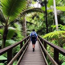 Caribbean Holidays, Dominica April Holidays, A scenic Dominica hiking trail through dense tropical rainforest with tall palms, ferns and a backpacker crossing a wooden footbridge