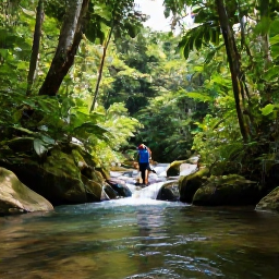 Caribbean Holidays, Dominica April Holidays, Hikers walking through lush Dominica rainforest beside a clear river and small waterfall in soft April sunshine
