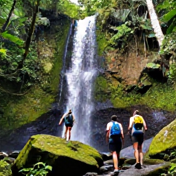 Caribbean Holidays, Dominica April Holidays, Hikers walking through lush Dominica rainforest beside a waterfall, with mossy rocks and tropical foliage