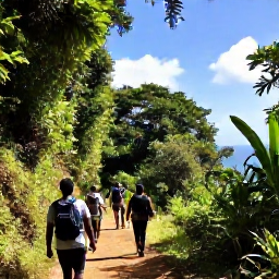 Caribbean Holidays, Dominica April Holidays, Lush Dominica rainforest and Caribbean coastline in warm April sunshine, with a small hiking group on a scenic trail
