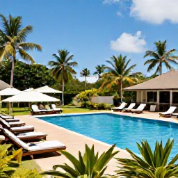 Caribbean Holidays, Dominica April Holidays, Open-air all-inclusive resort in Dominica with a swimming pool, tropical gardens and guests relaxing in the sunshine