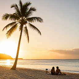 Caribbean Holidays, Dominica April Holidays, Peaceful Dominica beach at sunset with palm trees, warm golden light and a couple enjoying a relaxed holiday