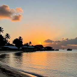 Caribbean Holidays, Dominica April Holidays, Quiet Dominica coastline at sunset with a small fishing village, palm trees and calm Caribbean water