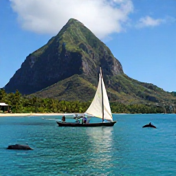 Caribbean Holidays, Dominica April Holidays, Traditional wooden boat sailing along Dominica&rsquo;s dramatic green coastline with dolphins nearby