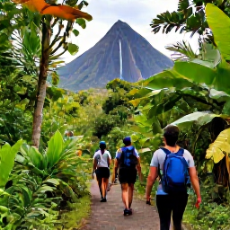 Caribbean Holidays, Dominica April Holidays, Travellers exploring a rainforest trail leading to a waterfall in Dominica, with tropical plants and volcanic scenery