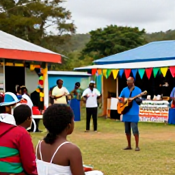 Caribbean Holidays, Dominica April Holidays, Visitors enjoying a welcoming village gathering in Dominica with local music, craft stalls and colourful Caribbean decorations