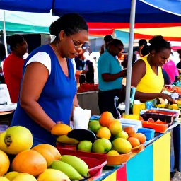 Caribbean Holidays, Dominica April Tours, Friendly Dominican market scene with fresh tropical fruit, spices and local crafts displayed at colourful stalls