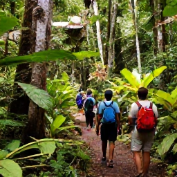 Caribbean Holidays, Dominica April Tours, Small guided group walking along a rainforest trail in Dominica, surrounded by bright tropical plants and towering trees