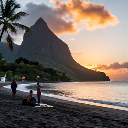 Caribbean Holidays, Dominica April Tours, Travellers relaxing beside a quiet black-sand beach in Dominica at sunset, with palm trees and green hills in the background