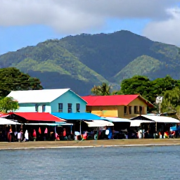 Caribbean Holidays, Dominica August Holidays, A colourful Caribbean town waterfront in Roseau, Dominica, with local people, market stalls and green mountains beyond