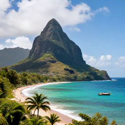 Caribbean Holidays, Dominica August Holidays, A dramatic tropical coastline in Dominica with rainforest-covered mountains, turquoise sea and a small boat near the shore