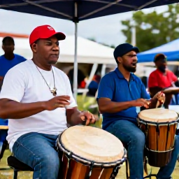 Caribbean Holidays, Dominica August Holidays, Dominican musicians playing drums and traditional instruments at an outdoor Caribbean cultural event