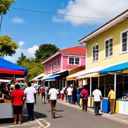 Caribbean Holidays, Dominica August Holidays, Roseau street scene in Dominica with colourful buildings, market stalls and people enjoying a cultural festival