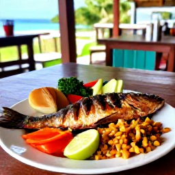 Caribbean Holidays, Dominica August Holidays, Traditional Dominican Creole meal with fresh fish, vegetables and tropical ingredients served at a local restaurant