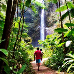 Caribbean Holidays, Dominica August Holidays, Travellers exploring a lush rainforest trail beside a waterfall in Dominica during a bright August day