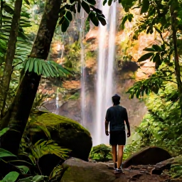 Caribbean Holidays, Dominica August Holidays, Visitor walking through Dominica rainforest near a waterfall, with lush green vegetation and warm August light
