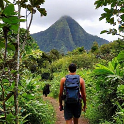 Caribbean Holidays, Dominica Backpacking, A backpacker following a lush rainforest trail in Dominica during June, with volcanic mountains and tropical greenery