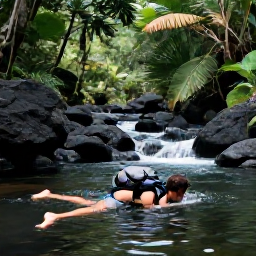 Caribbean Holidays, Dominica Backpacking, A backpacker swimming in a warm volcanic river near Soufriere, Dominica, surrounded by tropical forest and dark volcanic rocks