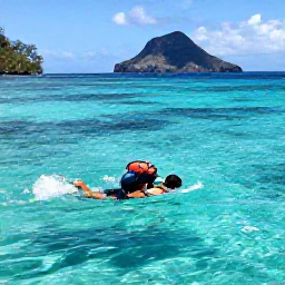 Caribbean Holidays, Dominica Backpacking, A backpacker swimming in the clear turquoise Champagne Reef waters near Dominica, with volcanic bubbles and rugged coastline