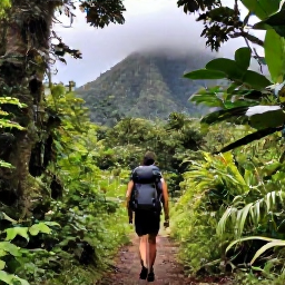 Caribbean Holidays, Dominica Backpacking, A backpacker walking through lush rainforest on Dominica in January, with misty green mountains and a clear trail