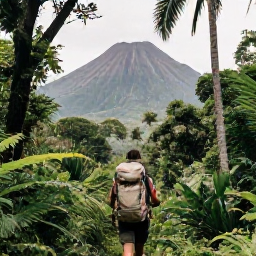 Caribbean Holidays, Dominica Backpacking, A backpacker with a light rucksack walking through lush Dominica rainforest in September, with volcanic mountains and soft tropical light