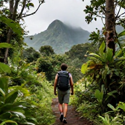 Caribbean Holidays, Dominica Backpacking, A backpacker with a small rucksack walking through lush rainforest on Dominica, with misty green mountains and a narrow trail