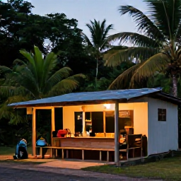 Caribbean Holidays, Dominica Backpacking, A backpacker's simple open-air meal of Dominican food at a small roadside caf&eacute;, surrounded by tropical greenery and warm evening light