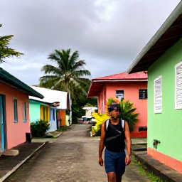 Caribbean Holidays, Dominica Backpacking, A friendly backpacker exploring a colourful village street in Dominica, with local Caribbean homes, tropical plants and overcast September skies