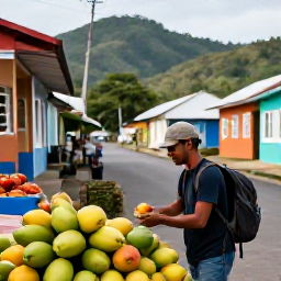 Caribbean Holidays, Dominica Backpacking, A friendly Dominica village street with a backpacker buying fresh tropical fruit from a local market, colourful homes and green hills behind