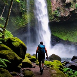 Caribbean Holidays, Dominica Backpacking, A hiker crossing a rainforest trail towards Trafalgar Falls in Dominica, with mossy rocks, ferns and a cool mountain stream