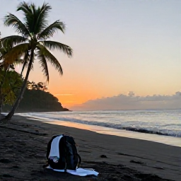 Caribbean Holidays, Dominica Backpacking, A quiet black-sand beach on Dominica at sunset, with palm trees, gentle waves and a lone backpack beside a towel