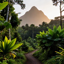 Caribbean Holidays, Dominica Backpacking, A scenic Dominica hiking trail through dense rainforest, with tropical plants, volcanic peaks and soft morning sunlight