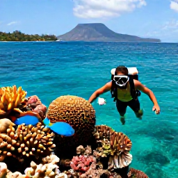 Caribbean Holidays, Dominica Backpacking, A snorkeller viewing colourful coral and tropical fish in clear Caribbean water off Dominica, with a volcanic coastline in the distance