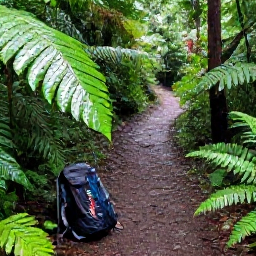 Caribbean Holidays, Dominica Backpacking, A tropical Dominica rainforest trail after a light shower, with glossy leaves, ferns and a backpack resting beside the path