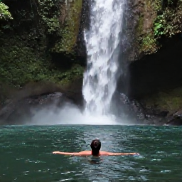 Caribbean Holidays, Dominica Backpacking, Backpacker swimming in a clear freshwater pool beneath a Dominica waterfall with tropical forest around it