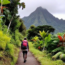 Caribbean Holidays, Dominica Backpacking, Backpacker walking along a lush rainforest trail in Dominica with volcanic mountains and tropical foliage