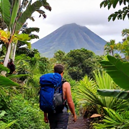 Caribbean Holidays, Dominica Backpacking, Backpacker with a daypack walking through lush Dominica rainforest in November, volcanic mountains and tropical greenery