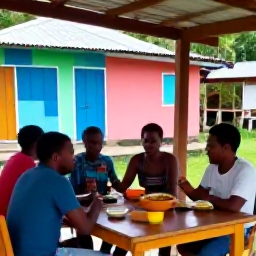 Caribbean Holidays, Dominica Backpacking, Friendly backpackers enjoying local food at a small outdoor caf&eacute; in a colourful Dominica village