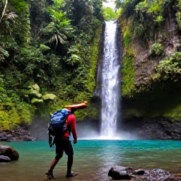 Caribbean Holidays, Dominica Backpacking, Hiker crossing a rainforest trail beside a waterfall and clear river in Dominica, tropical scenery in November
