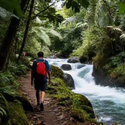 Caribbean Holidays, Dominica Backpacking, Hikers crossing a rainforest path beside a rushing river and waterfall in Dominica in June
