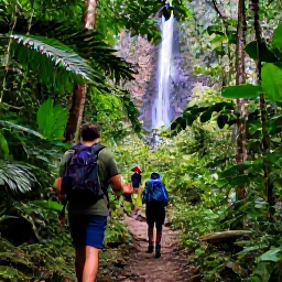 Caribbean Holidays, Dominica Backpacking, Hikers crossing a rainforest path near a waterfall in Dominica, surrounded by dense green vegetation and tropical mountains